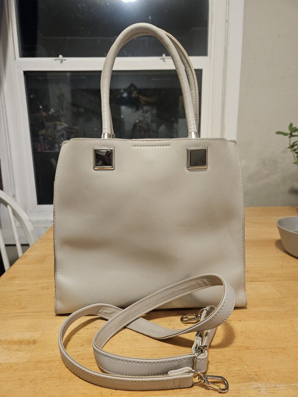 David Jones Beige Medium Satchel Top Handle Bag Zip Closure Detachable Strap